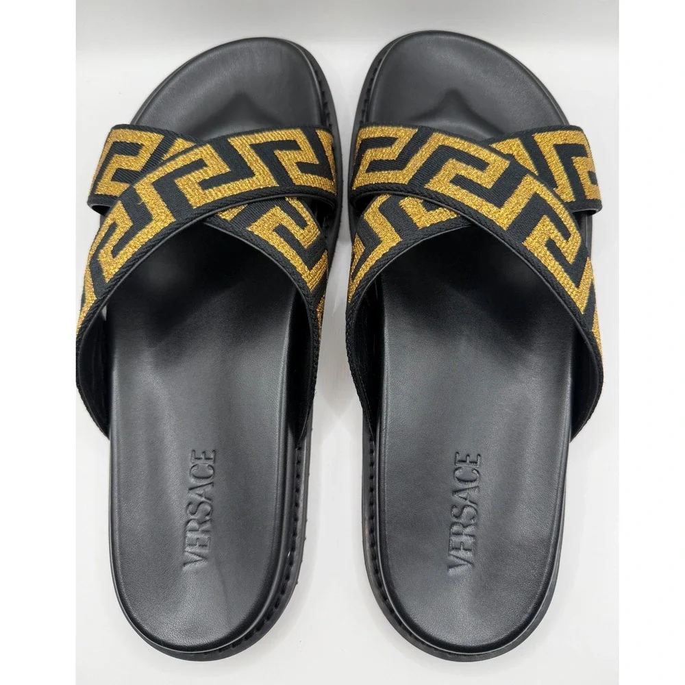Versace Mens Greca Cross Strap Slides Black Gold Metallic Sandals Size 43 Spain